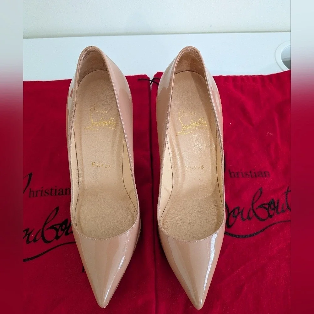 Christian Louboutin Kate 85 Nude Patent Leather Pointed Toe Pumps Size EU35